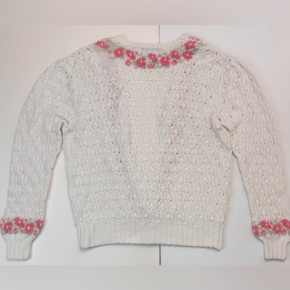 Vintage Cottage-core 80’s White Pink Floral Hand Knit Granny Cardigan Sweater - Picture 2 of 10